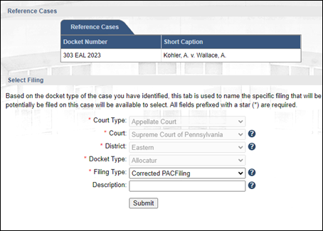 The ‘Corrected PACFiling’ filing type is selected when submitting a perfected document.